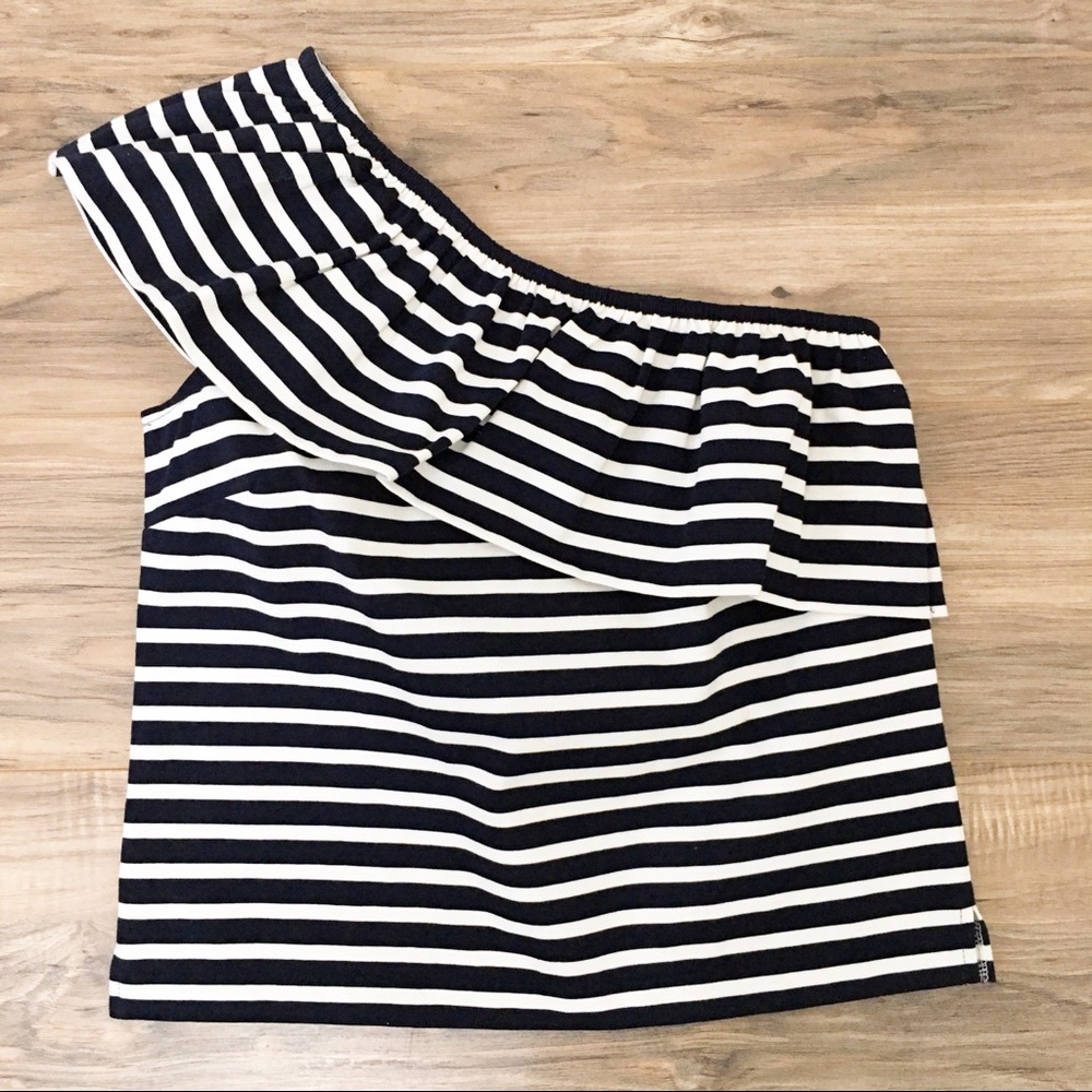New J Crew One Shoulder Striped Ruffle Top - Picture 3 of 5
